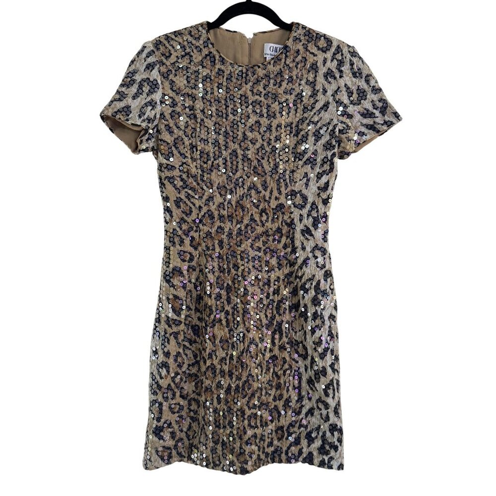 Vintage Chetta B Leopard Sequin Cocktail Dress Bergdorf Goodman Womens Size 4 - Picture 1 of 7